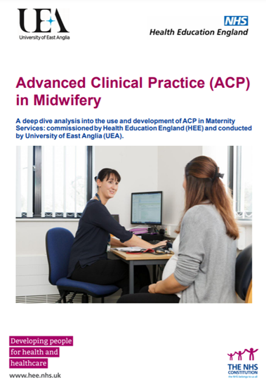 Front cover of the Advanced Clinical Practice in Midwifery Report featuring an image of a midwife sitting at a desk talking to a pregnant woman.