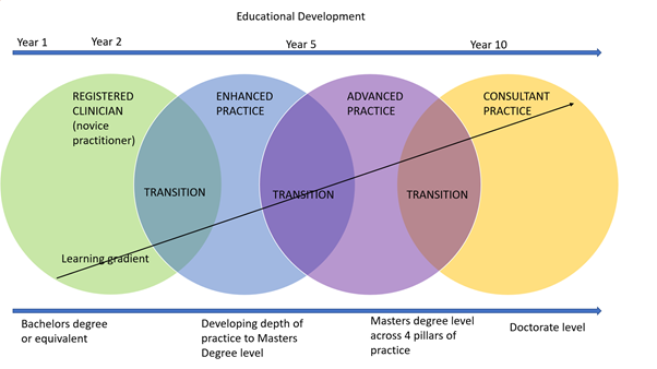visual to show the education development from registered clinician to enhanced practice to advanced practice to consultant practice