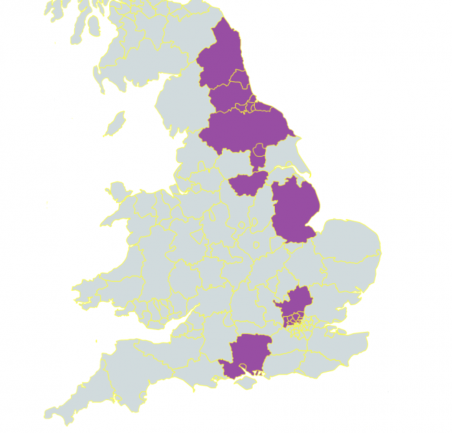 Map of England and Wales with areas coloured in where Project Choice have active projects. List of locations in text below.