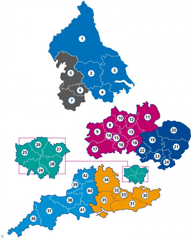 map showing Health Education England’s regional footprint