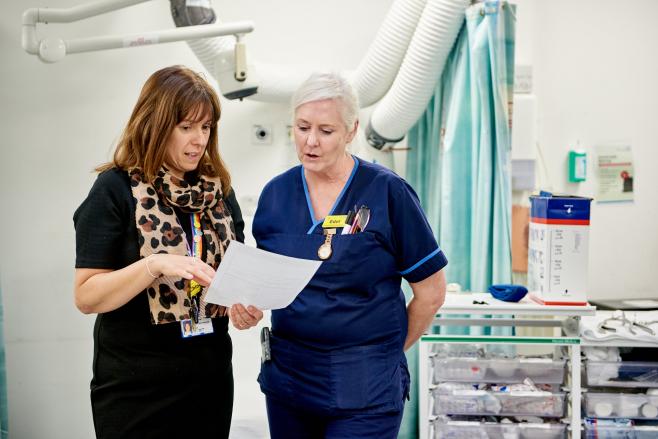 A librarian talking to a clinician