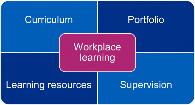 Diagram representing the four elements of the Newly Qualified Pharmacist pathway: Curriculum, Portfolio, Learning Resources and Supervision