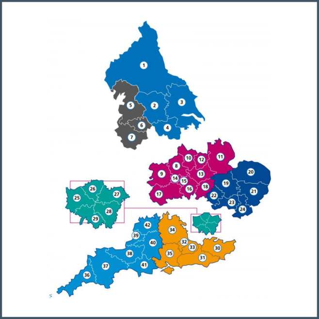Map labelling our 7 regional: North east and Yorkshire, London, Midlands, East of England, North west, South west and South east