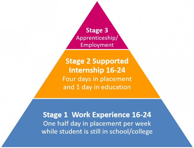 Triangle diagram explaining three stages of Project Choice. One,  Work Experience; Two, Supported Internships; Three, Apprenticeships.