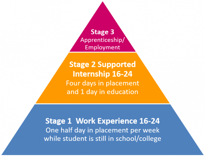 Triangle diagram explaining three stages of Project Choice. One, Work Experience; Two, Supported Internships; Three, Apprenticeships.