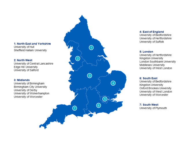 Map labelling the 7 regions in NHS England and universities: North east and Yorkshire, London, Midlands, East of England, North west, South west and South east