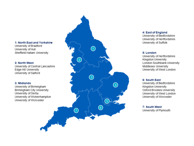 Map of the 7 UK regions with Universities