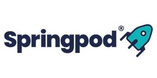 Springpod logo. Blue writing in little green rocket.